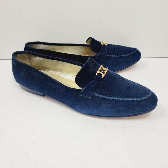 Escada Midnight Blue Signature 'E'  Velour Moccasin Loafers Size 11 - Picture 2 of 10
